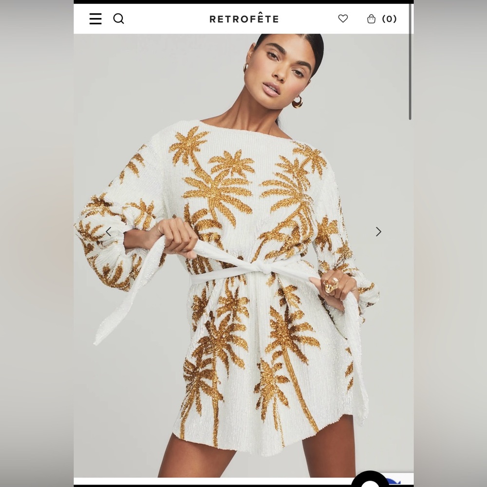 Retrofete- Grace Dress in White and Gold Palm